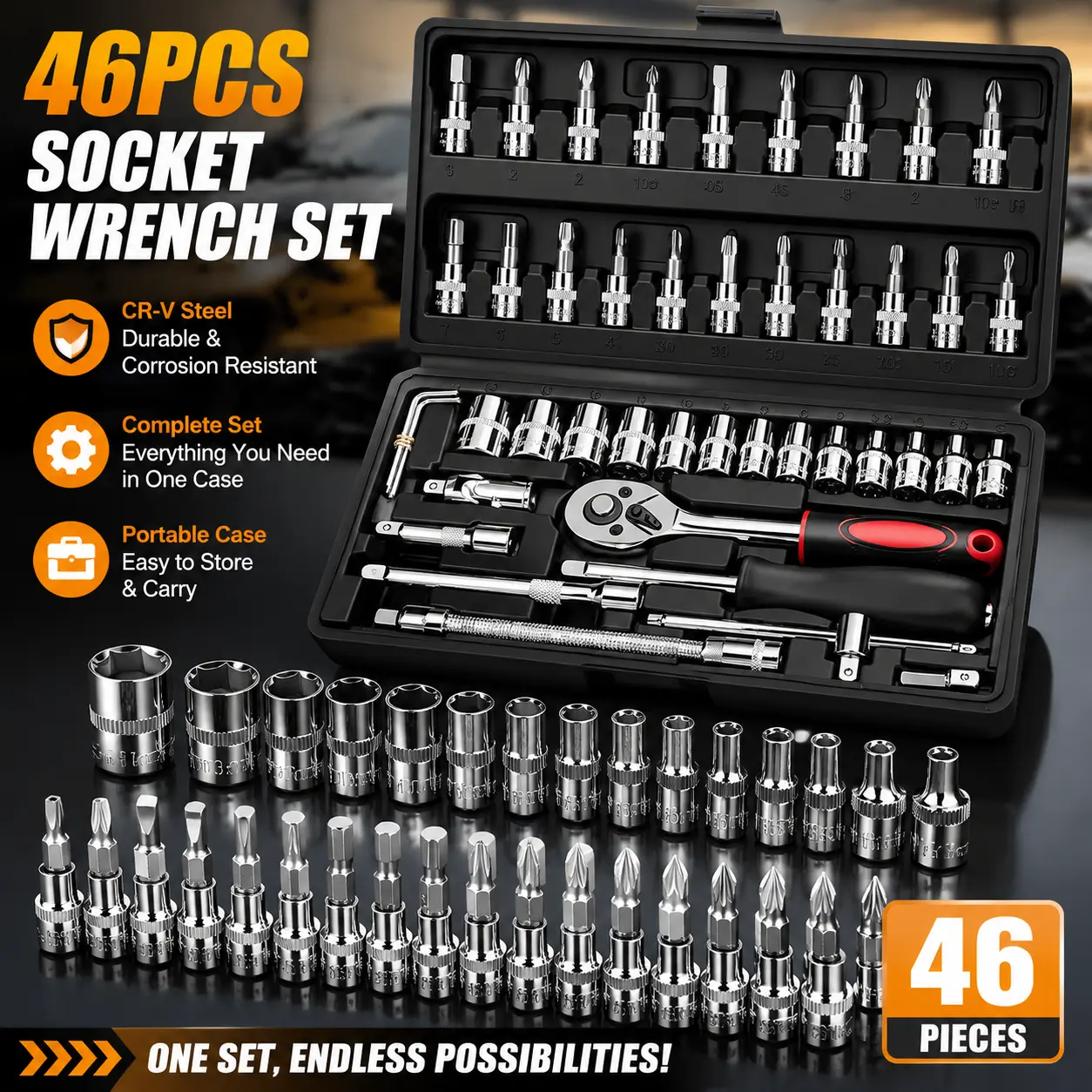 46-Piece 1/4 in Drive Socket Ratchet Wrench Set with Metric Bit Sockets, Extension Bar, Portable Carry Metal Case - Men's Stuff, Tools and Gadgets for Auto Repair, Household Use Drive Socket Wrenches Socket Wrench Kit
