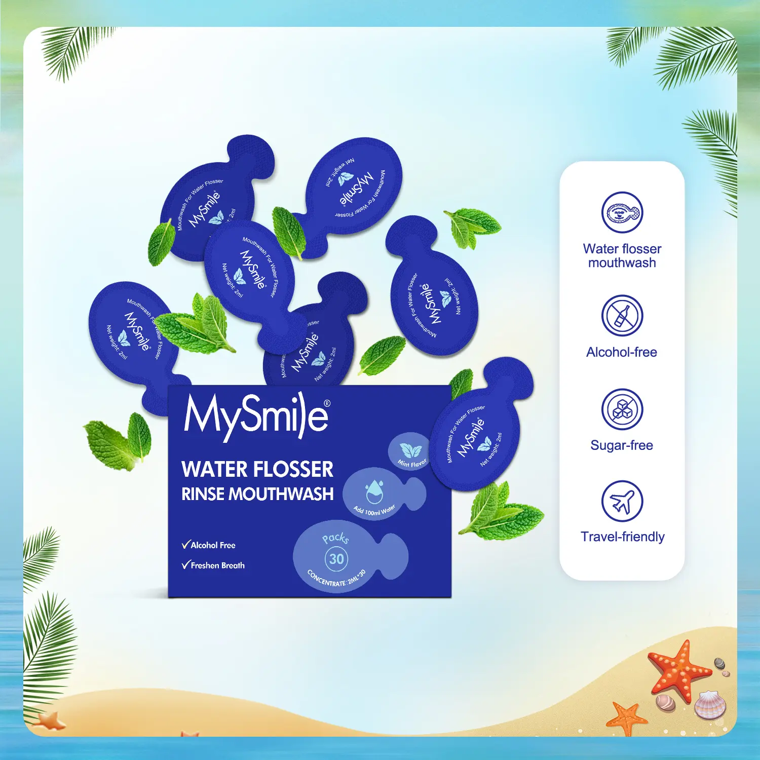 MySmile Water Flosser Mouthwash Concentrate, Moisturizing & Whitening Xylitol Teeth Cleaner for Stain Removal, Alcohol-Free with Mint Scent for Adults, 30 Uses, Oral Stain Remover, Oral Brightening, Whitening Mouthwash, Xylitol Mouthwash
