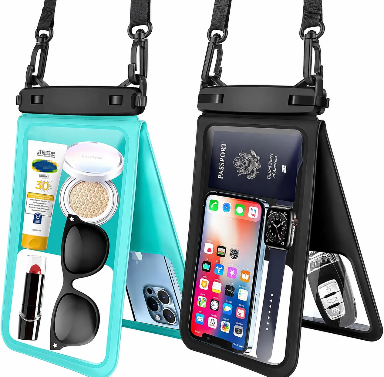 Women's Dual-Pocket Waterproof Phone Pouch Cover - PVC Touchscreen, Adjustable Neck Lanyard Crossbody Dry Bag, Durable Home Organizer Storage Accessory for Large Phones, Keys, Cash, Cards, Beach, Cruise Travel