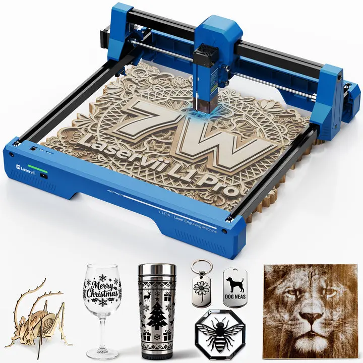 Laservii L1 Pro 7W Compact Laser Engraver-Cutter Machine, 300x300mm Engraving Area, Plastic Frame, High Precision, Wireless Bluetooth Control, Quick Install, Lightburn Compatible, Multi-System Support, Breathlight, for Wood Acrylic Leather DIY Crafts