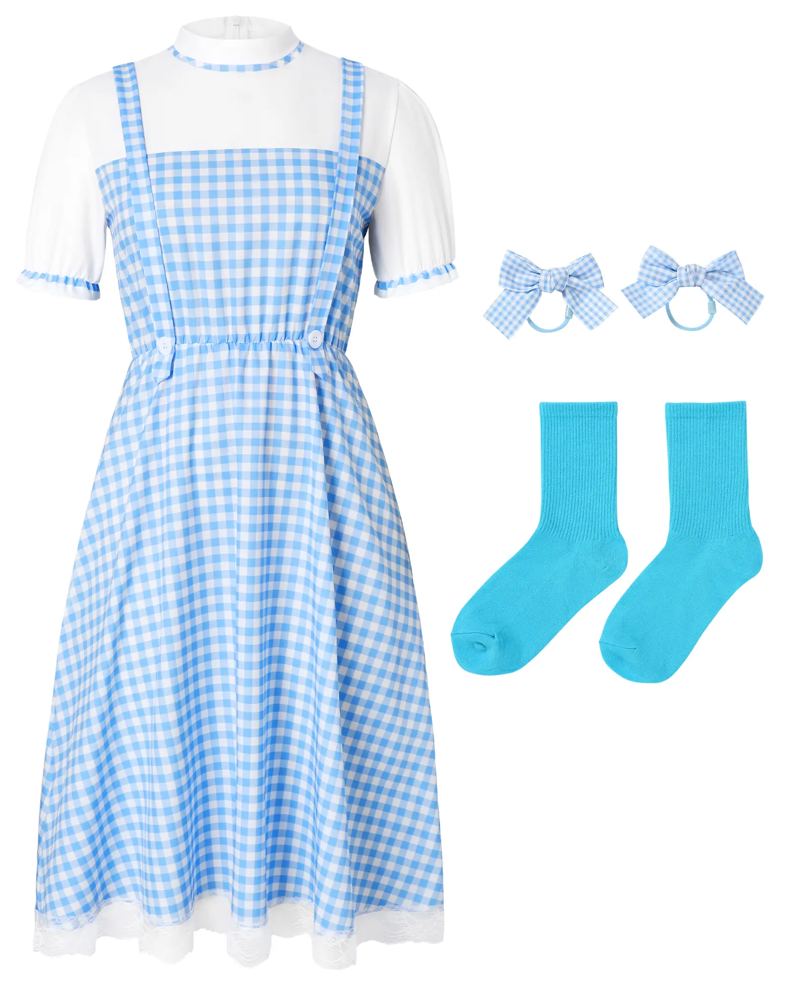 Women's Fitted Polyester Fairy Costume Set Pack - Adult Retro Casual Blue-White Gingham Pinafore Dress, Plaid Bow Hair Ties, Turquoise Socks, Cute Accessories for Halloween, Book Week Cosplay