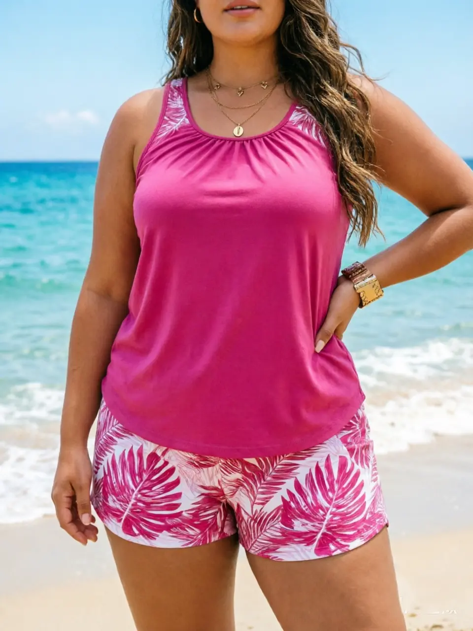 Women's Plus Size 2-Piece Sporty Chic Tankini Swim Set - Loose-Fit Color Block Racerback Top, High-Waisted Tropical Print Tummy Control Shorts, Bathing Suits for Pool Use, Tankini Swimsuits