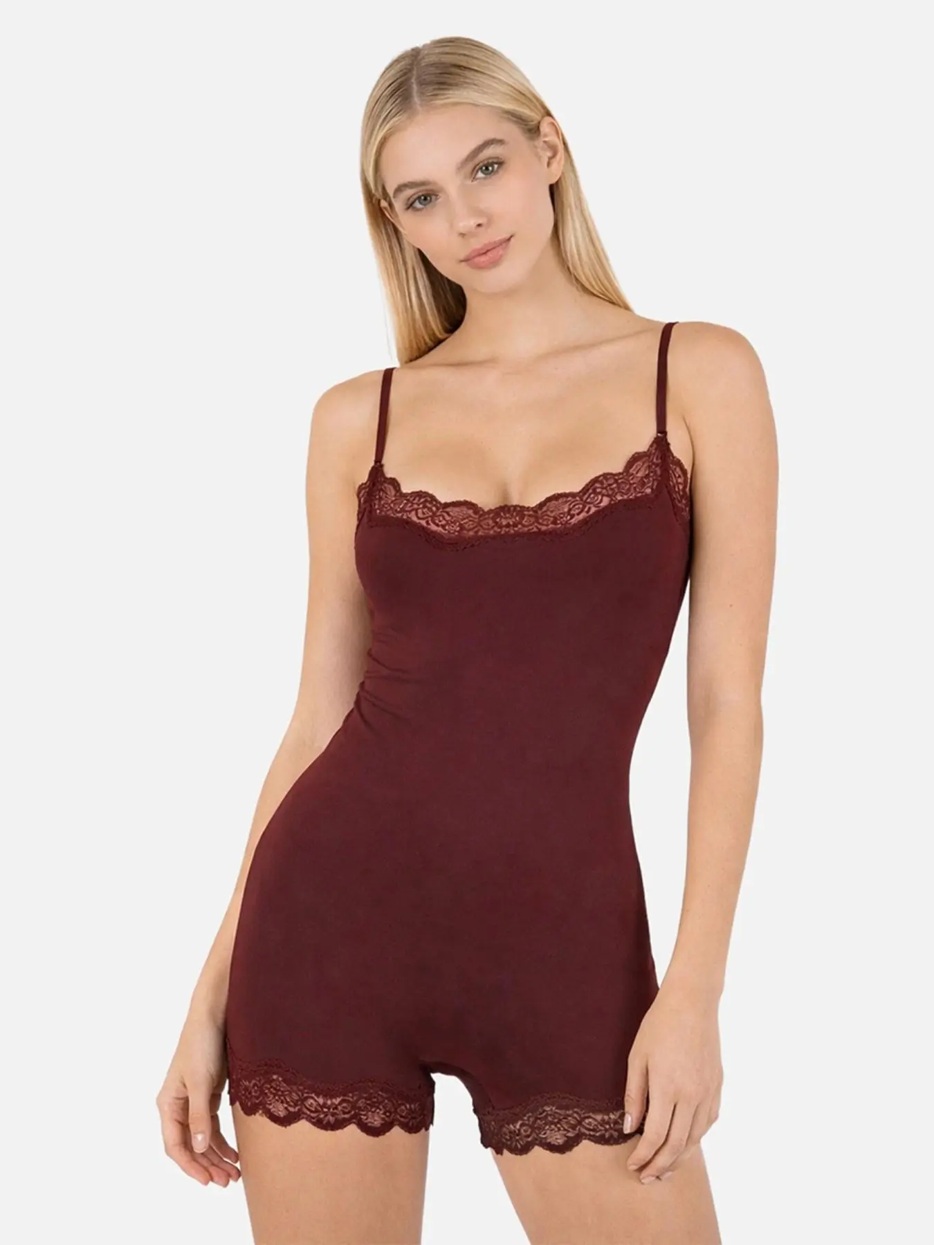 Series Women's Spaghetti Strap Lace Trim Breathable Playsuit, Solid Color Slim-Fitting Chic Playsuit, Seamless Sport & Outdoor Clothing, Summer Jumpsuits, Tight Fitting Jumpsuit