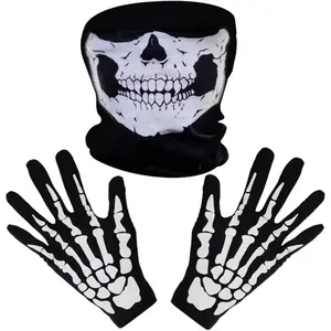 White Skeleton Skull Face and Gloves Set Ghost Bones for Halloween Biker Outdoor Sports Windproof Ghost Skull Ski Mask