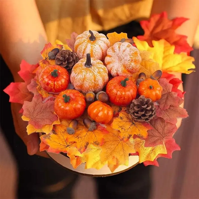 Realistic Pumpkin Model Halloween Fake Pumpkin Maple Leaf Set, Window Atmosphere Decoration Photography Prop, Home Decor Accessories
