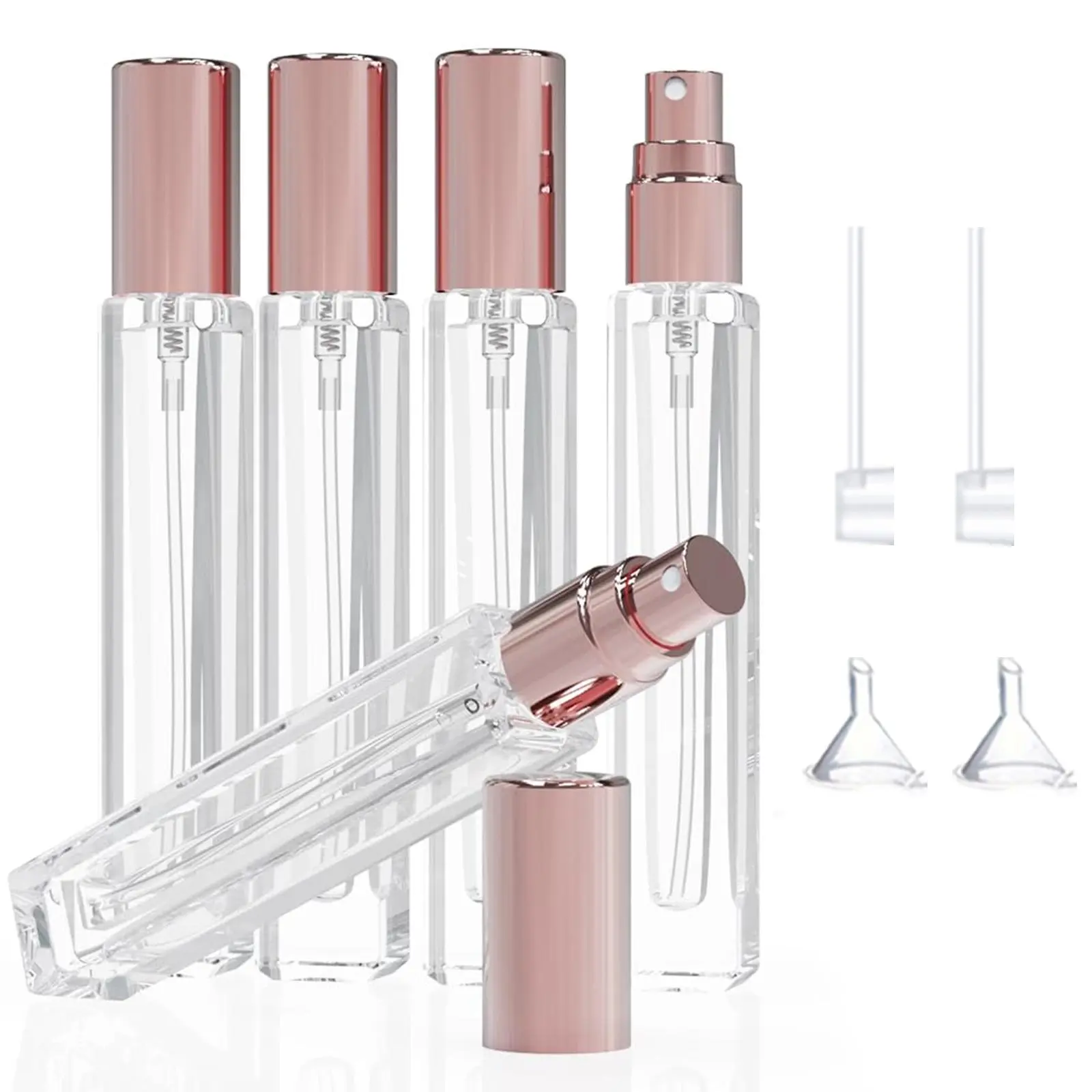 5 Piece Eau De Toilette Atomizer Set, 10ML Mini Perfume Bottles, Refillable Dispenser Tool, Travel & Portable Sample Container, Includes 2 Pumps & 2 Funnels