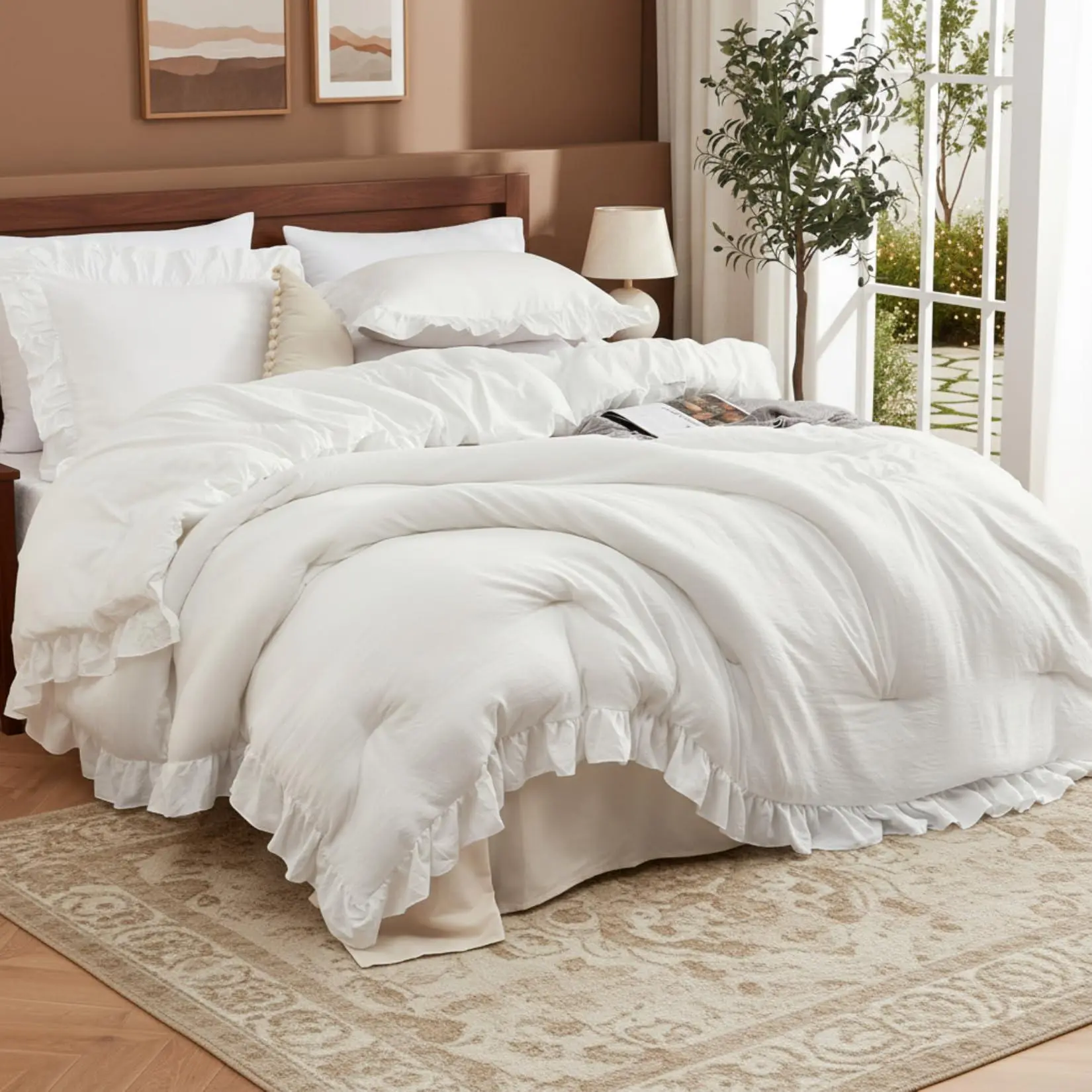 White Ruffled Queen Size Comforter Set, 3PCS Soft Washed Microfiber Lightweight & Fluffy All-Season Bedding Comforter with Vintage French Country Style, White, 90x90 in