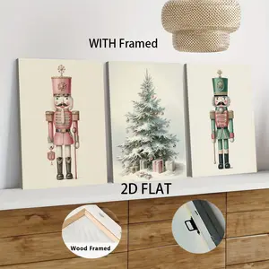 3Pcs set Wood Framed Vintage Nutcracker Soldier Decorative Painting Pink Military Uniform Lantern Staff Soldier Illustration Canvas Wall Art with Solid Wood Frame for Living RoomChildren's Room Home De