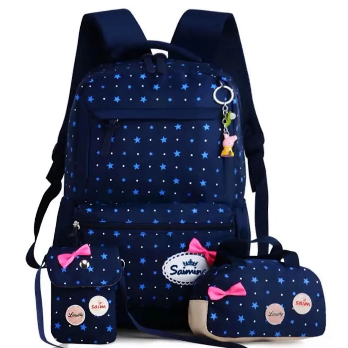 EM YERAZ Navy Blue Gyaru Kawaii Cute Backpack with Lunchbox Keychain and Mini Pouch for Girls School