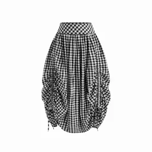 Cider [2 colors, size 2-10] Multi-way Mid Rise Gingham Drawstring Ruffle Hem Maxi Skirt