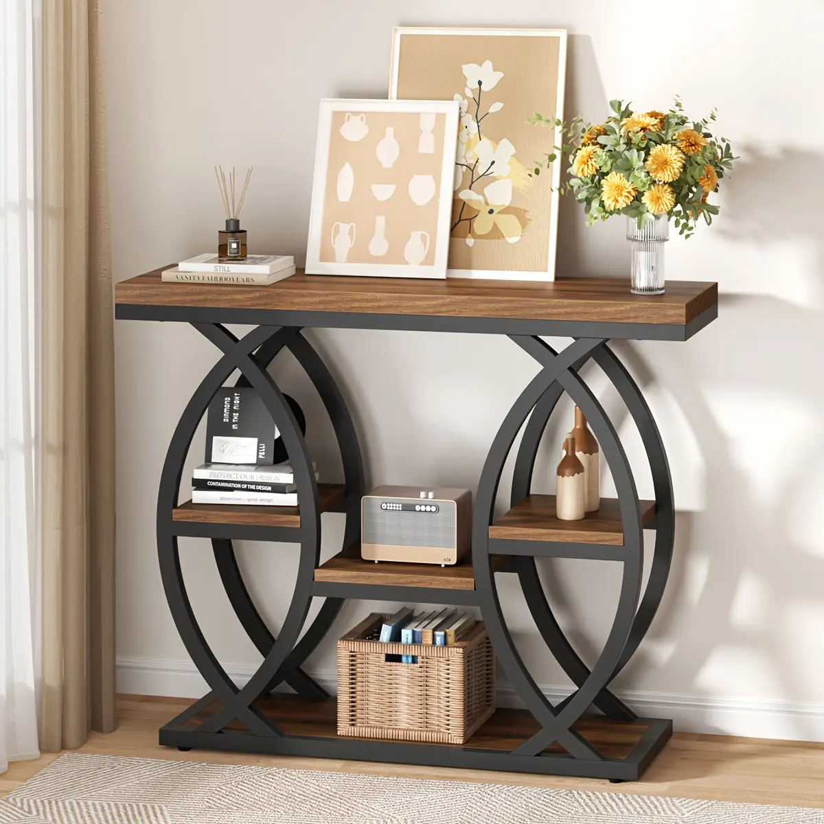39-Inch Holiday-Themed Console Table, 4-Tier Sofa Side Table with Storage Shelves, Narrow Wood And Metal Frame Decorative Table, Suitable for Small Spaces, Hallway, Entryway, And Christmas