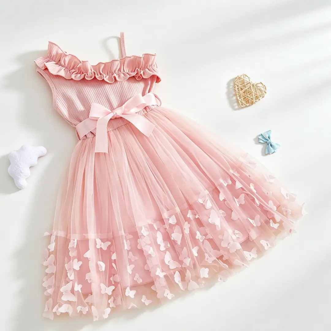 Girls' Butterfly Tulle Dress, Summer Fashionable Cute Sleeveless Ruffled Style with 1 Belt, 1 Dress for 3-4 Years/5-6 Years (59-79 cm), Above Knee