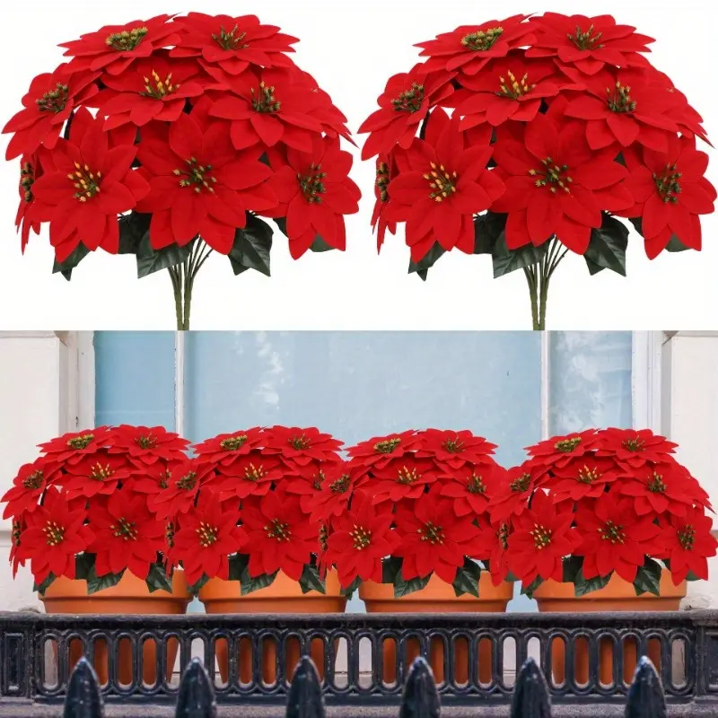 6 Piece Artificial Christmas Poinsettia Flowers, Realistic Fake Flowers and Holiday Decorations, Durable Plastic Indoor Outdoor Use, Artificial Flowers for Outside