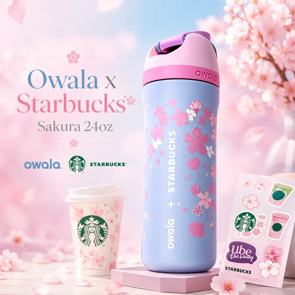 Owala x Starbucks Europe Spring Sakura Collection 24oz FreeSip Water Bottle, Insulated Stainless Steel Cherry Blossom Tumbler