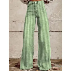 Women’sHighRiseJeansRetroClassicStripedPrintWideLegDenimPantsBoyfriendJeanswithPocketsFabricSpring