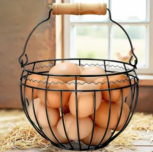 Wire Egg Basket for Gathering Fresh Eggs, Vintage Chicken Egg Collecting Basket with Handle, Farmhouse Egg Storage Container Countertop,Black, Ventilated Design, Easter Christmas Kitchen Decor