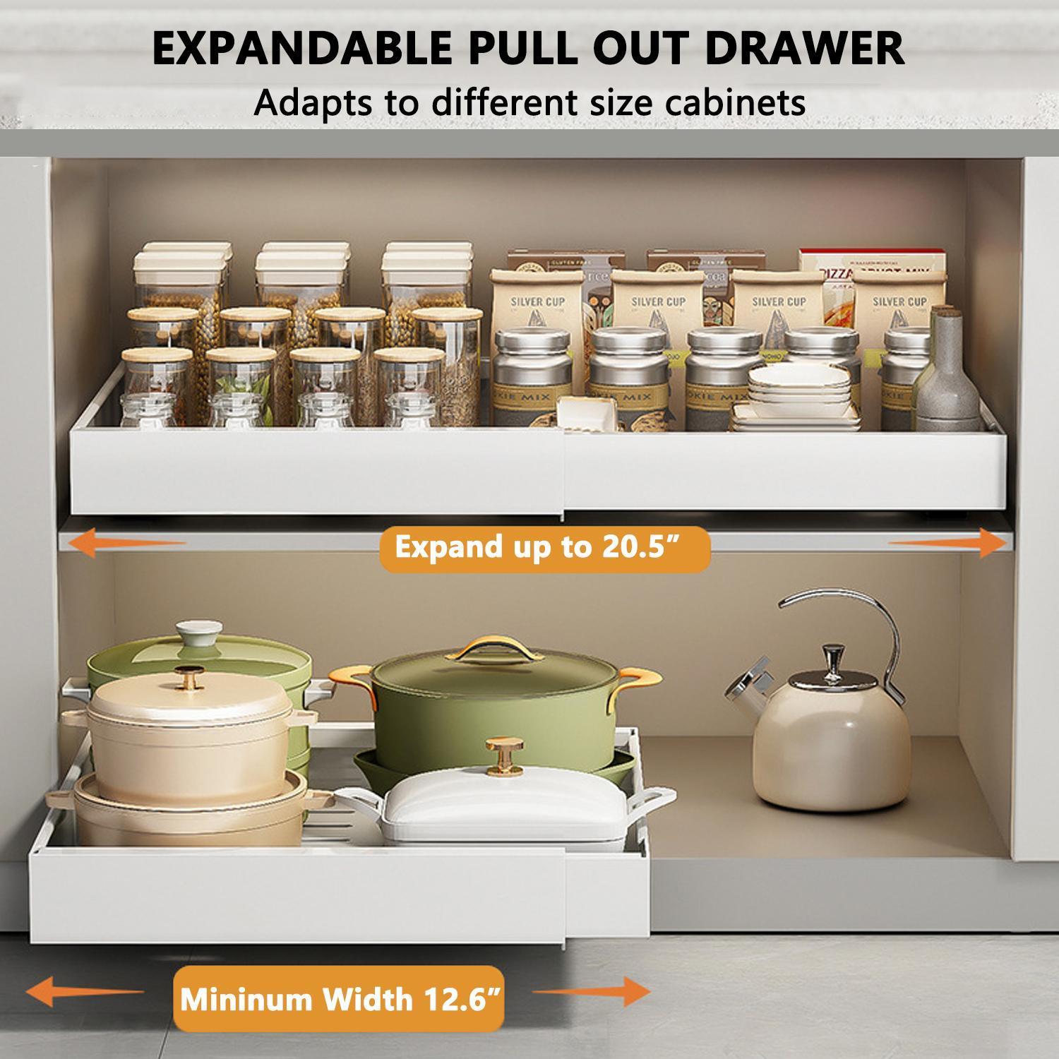 Expandable Pull-Out Cabinet Organizer, Heavy-Duty Slide-Out Drawer Shelf (12.6–20.5in) for Kitchen, Bathroom, and Storage Racks
