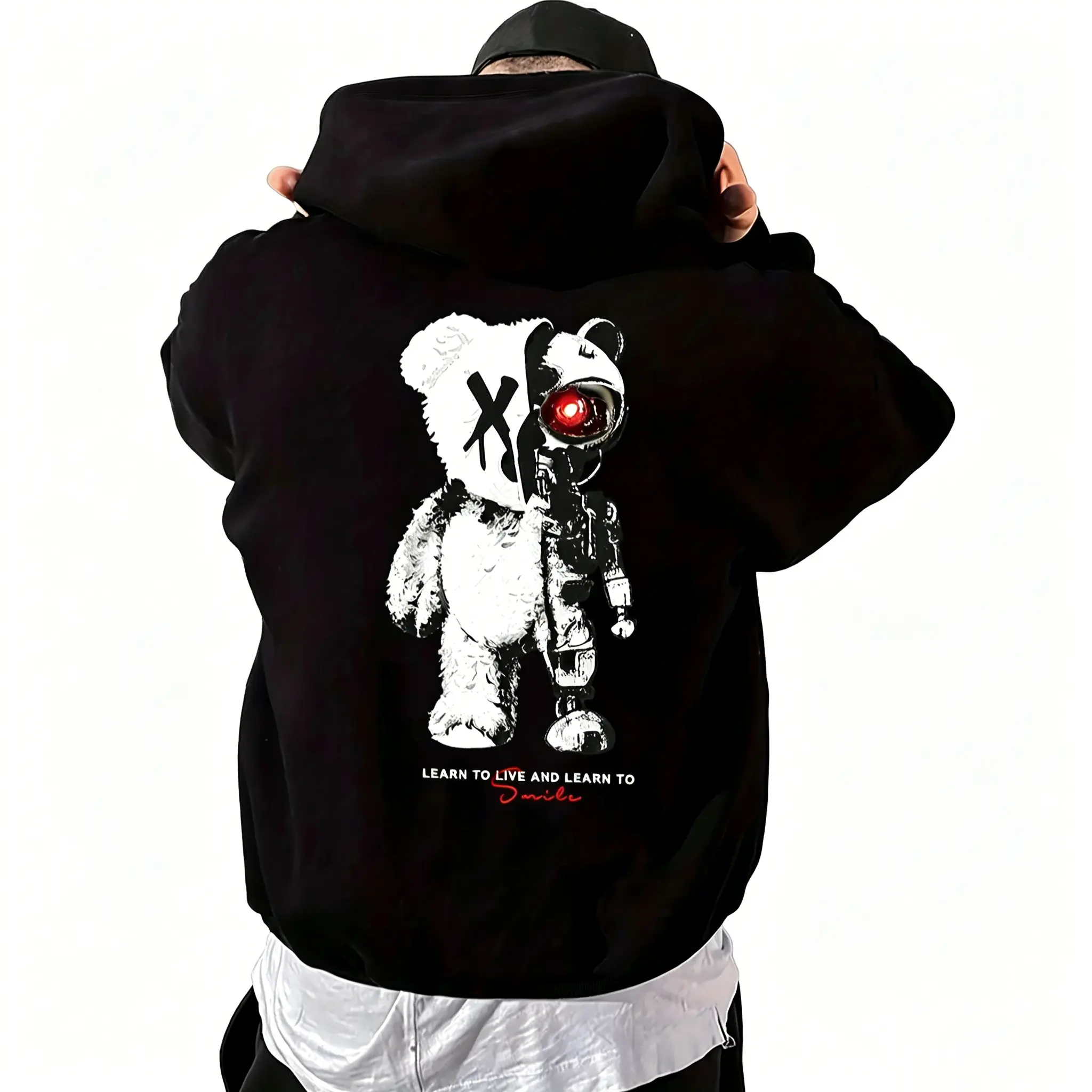 Men's Pullover Hoodie with Cyberpunk Bear Graphic, Streetwear Longsleeve Sweatshirt with Kangaroo Pocket for Casual OOTD, Sweatshirts, Longsleeves, Graphic Hoodies, Fitted, Alternative Style, Fabric, Cartoon, Tops, Black Hoodie