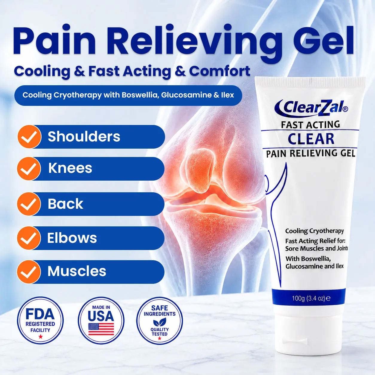 Clearzal  Soothing Cooling Gel 100g,  Relieving Body Gel, Cooling with Menthol and Frankincense, Cooling Massage Gel Cool and relax muscles, joints, waist, knees, shoulders and neck, and eliminate swelling