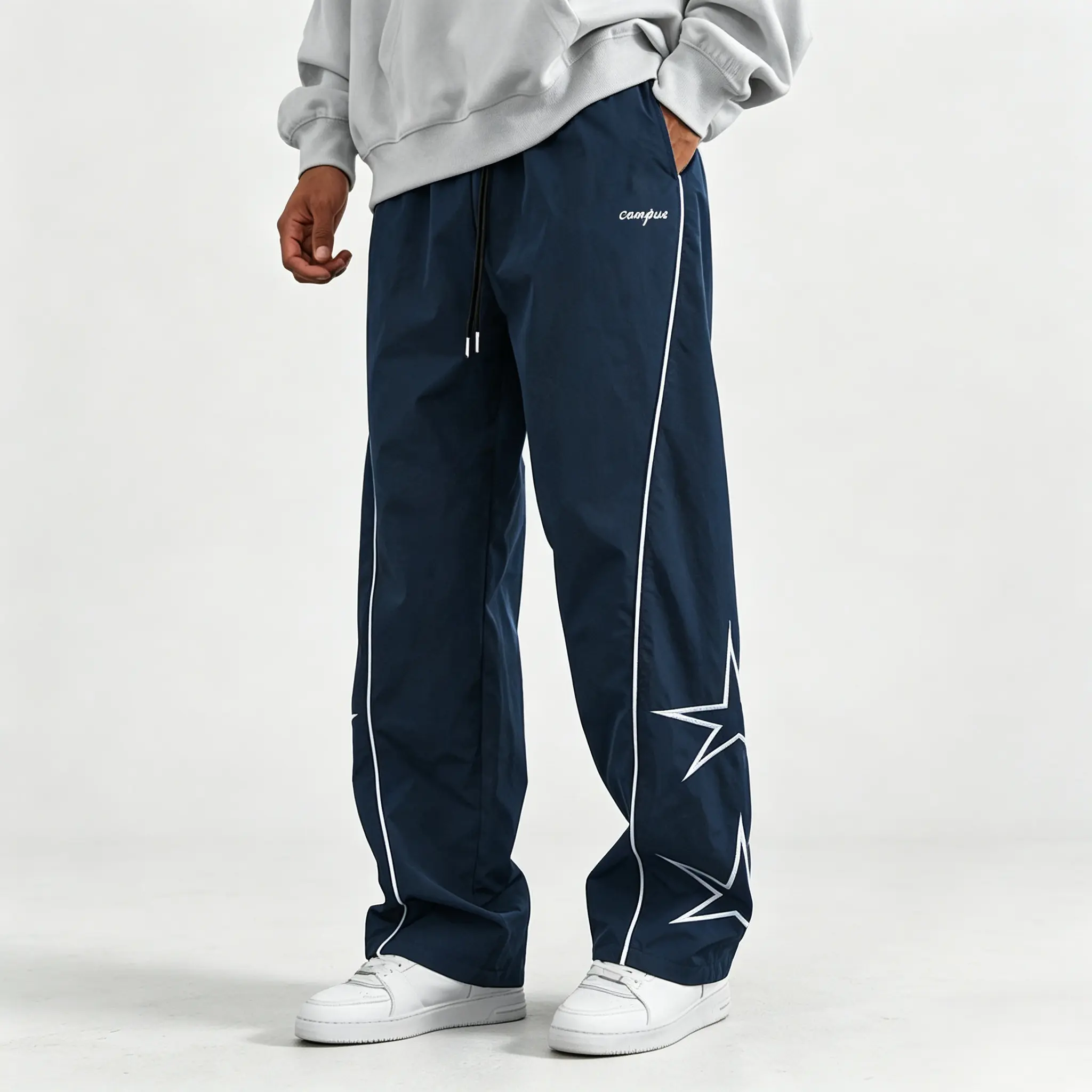 Men’s spring/autumn wide-leg athletic pants with star print and side letter stripes, drawstring, loose casual long trousers, street-style, lightweight windproof everyday pants Baggy Sweatpants
