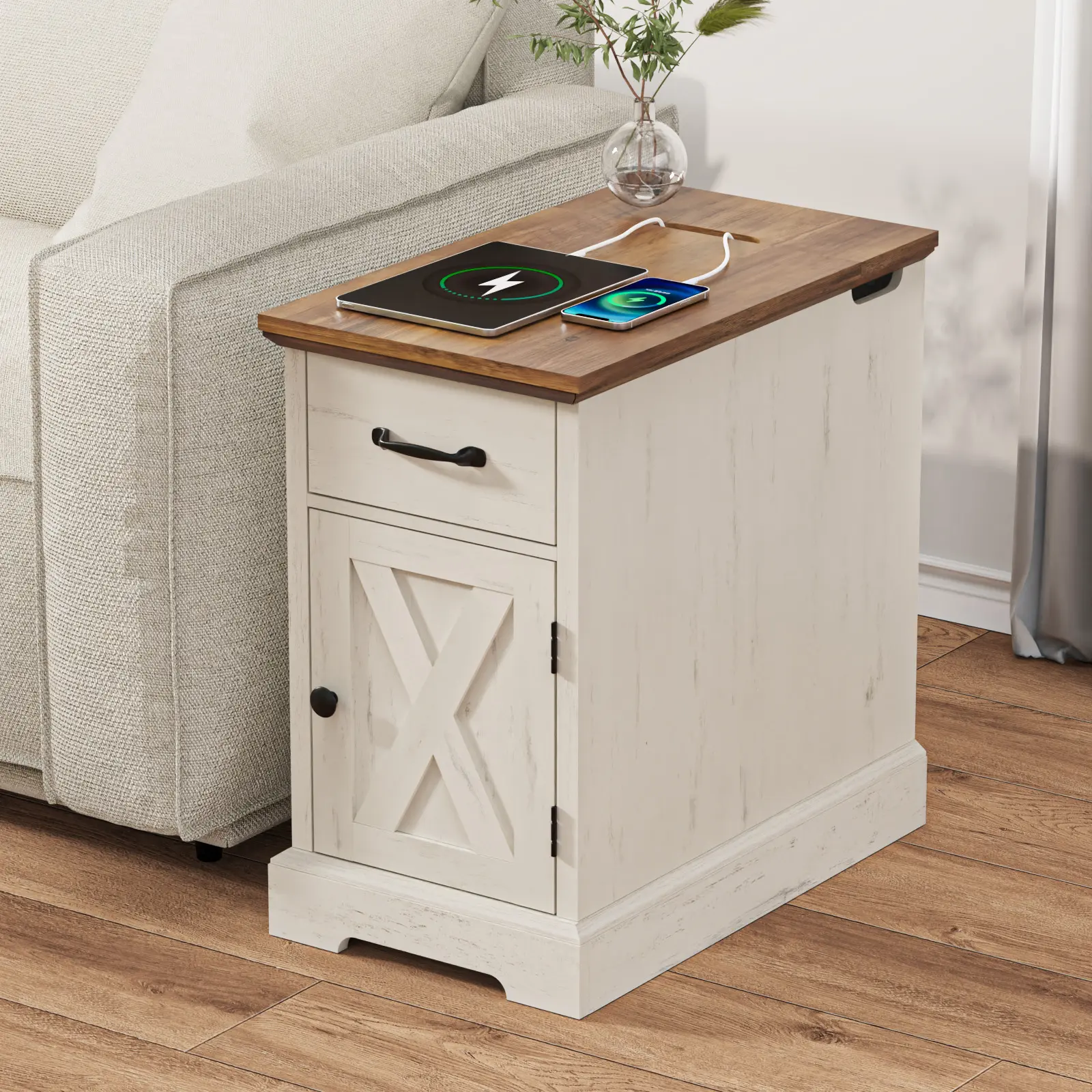HOMMPA Farmhouse End Table with Charging Station, 23.6'' Rustic End Table w/Barn Door, Wood Sofa Side Table Bedside Table w/Storage Cabinet for Living Room, Roman Column Design, Rustic White