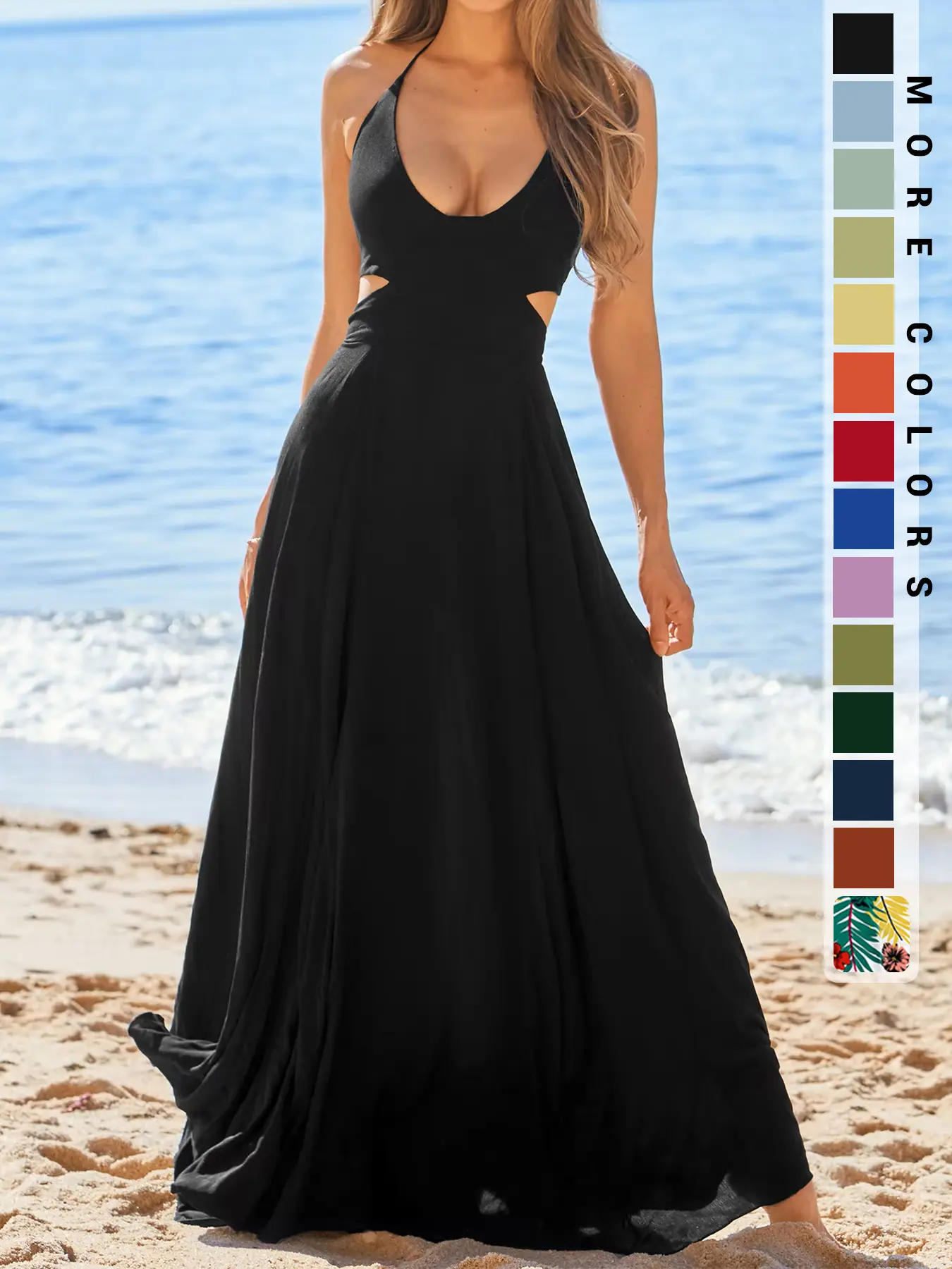 Women's Plain Cut Out Backless Halter Dress, Boho Bohemian Sleeveless Tie Back A Line Maxi Dress for Beach Holiday Vacation, Ladies Clothes for All Seasons