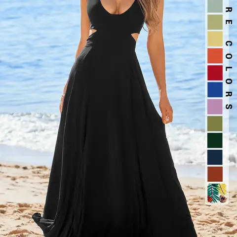 【Black Friday】Women's Plain Cut Out Backless Halter Dress, Open Back Dress, Boho Sleeveless Tie Back A Line Maxi Dress for Beach, Holiday and Vacation, Ladies Clothes for All Seasons