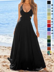 women's plain cut out backless halter dress, minimalist boho sleeveless tie back a line maxi dress for beach holiday vacation, ladies clothes for all seasons, womenswear, maxi slip dress, halter neck dress