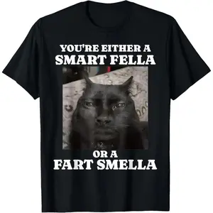 Funny Cat Meme Women's Short Sleeve T-Shirts - "Smart Fella or Fart Smella" Slogan Graphic Tops