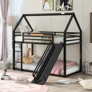 Twin Over Twin Kids Playhouse Bunk Bed with Slide, White Solid Metal House Bed, Reversible Ladder & Slide, Full Safety Guardrail, Easy Assembly, Space Saving Bedroom Furniture for Girls Boys