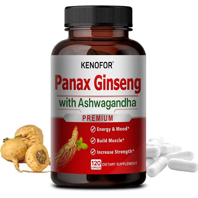 Kenofor Panax Ginseng with Ashwagandha Natural Herbal Capsules - Vegan-Friendly Dietary Supplements, Capsule Form, Boosts Energy, Supports Fitness Vitality, 120 Count