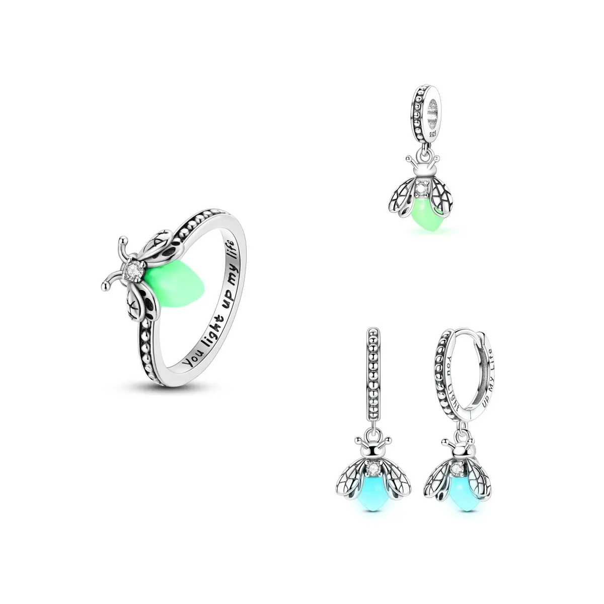 MULA S925 Sterling Silver Firefly Animal Jewelry for Women, Casual Personalized Glow-in-the-Dark Ring, Earrings or Charm with Engraved Quote for Graduations, Animals, Female