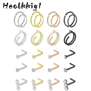 24PCS Nose Rings Studs Surgical Stainless Steel Hypoallergenic L Shaped Nose Piercing Jewelry for Women