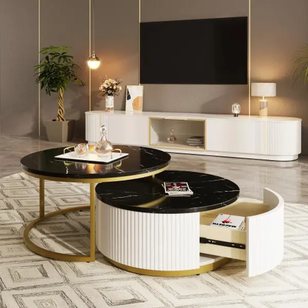 Bellemave Modern Round Nesting Coffee Table - Decorative Small Nesting Tables, Fluted Base, Built-in Drawer, White & Gold MDF Top, Convenient Storage for Contemporary Glamour Living Room Indoor Furniture, Decorative Nesting Tables
