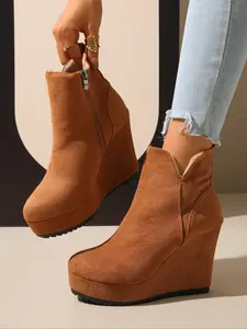 Women's Warm Fleece Lined High Heel Wedge Short Boots, Heeled Booties, Slip on Side Zipper Design, Perfect for Sports