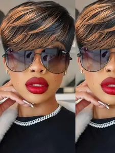 1B/30 Color Straight Human Hair Wig for Women Pixie Cut Wig Full Machine Made Wig 150% Density 6 Inch