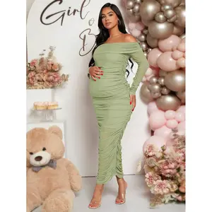 Loomaby Maternity Solid Ruched Off Shoulder Dress With Long Sleeve, For Baby Shower