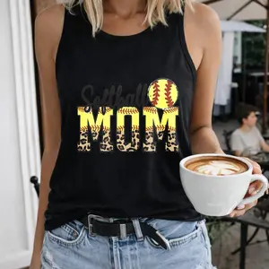 Softball Mom Leopard Print Ball Women's T-Shirt Crew-neck Sleeveless Vest Outdoor Casual Short Sleeve