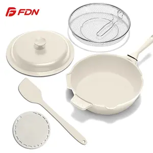FDN 10-Inch Deep Skillet with Fry Basket & Spatula, Professional Ceramic Non-Stick Pan for Fried Chicken & French Fries, High Wall Saute Pan with Lid, PFAS-Free Kitchenware