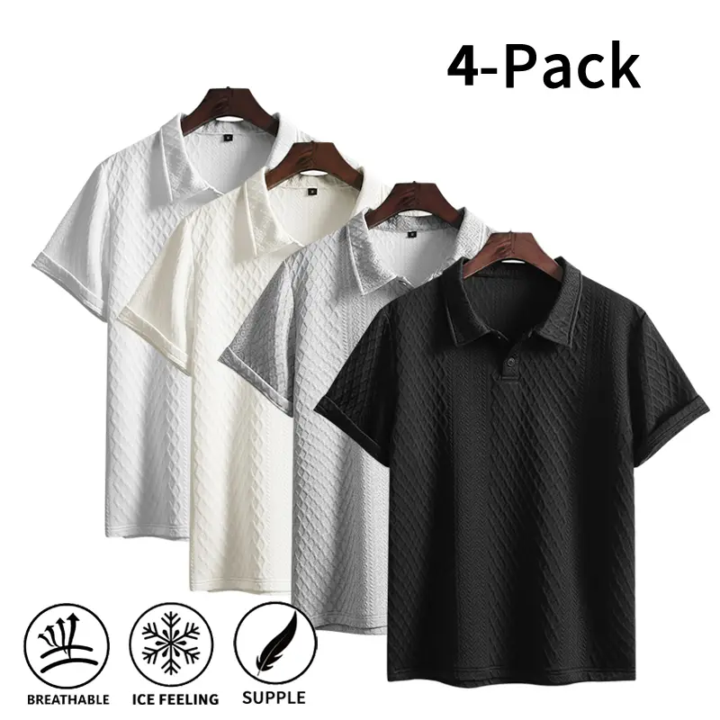 4-Pack Men's Textured Polo Shirts, Stylish Short-Sleeve Knit Fabric Tops, Breathable and Wrinkle-Resistant Casual Menswear, Sleeves, Male Clothing