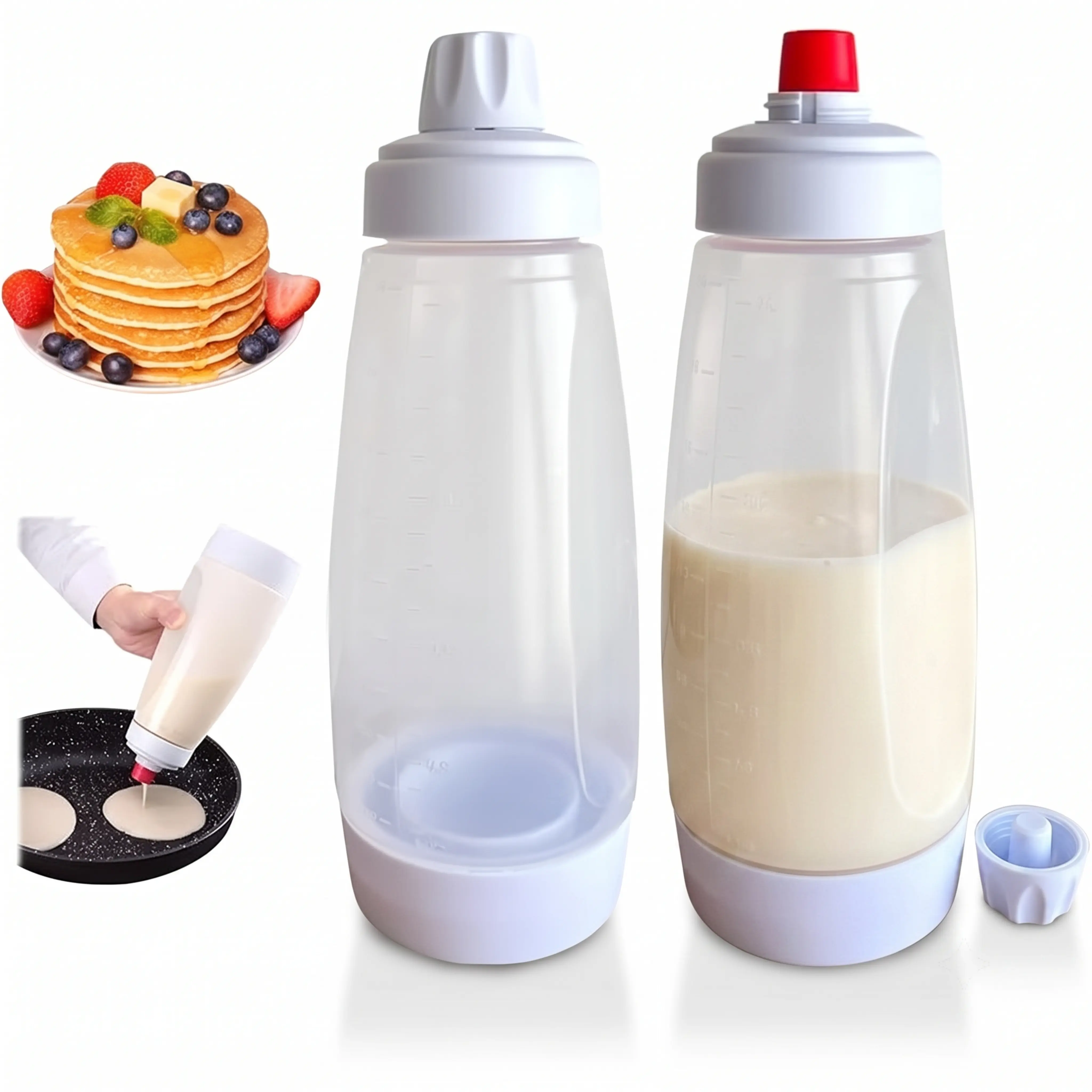 Pancake batter dispenser bottle with mixing squeezer, mixes pancake batter, batter bottle, pancake pouring tool, suitable for waffles, paper cup cakes, sauces, syrups, muffins, and other baking items; Valentine’s Day gift, Christmas, Thanksgiving