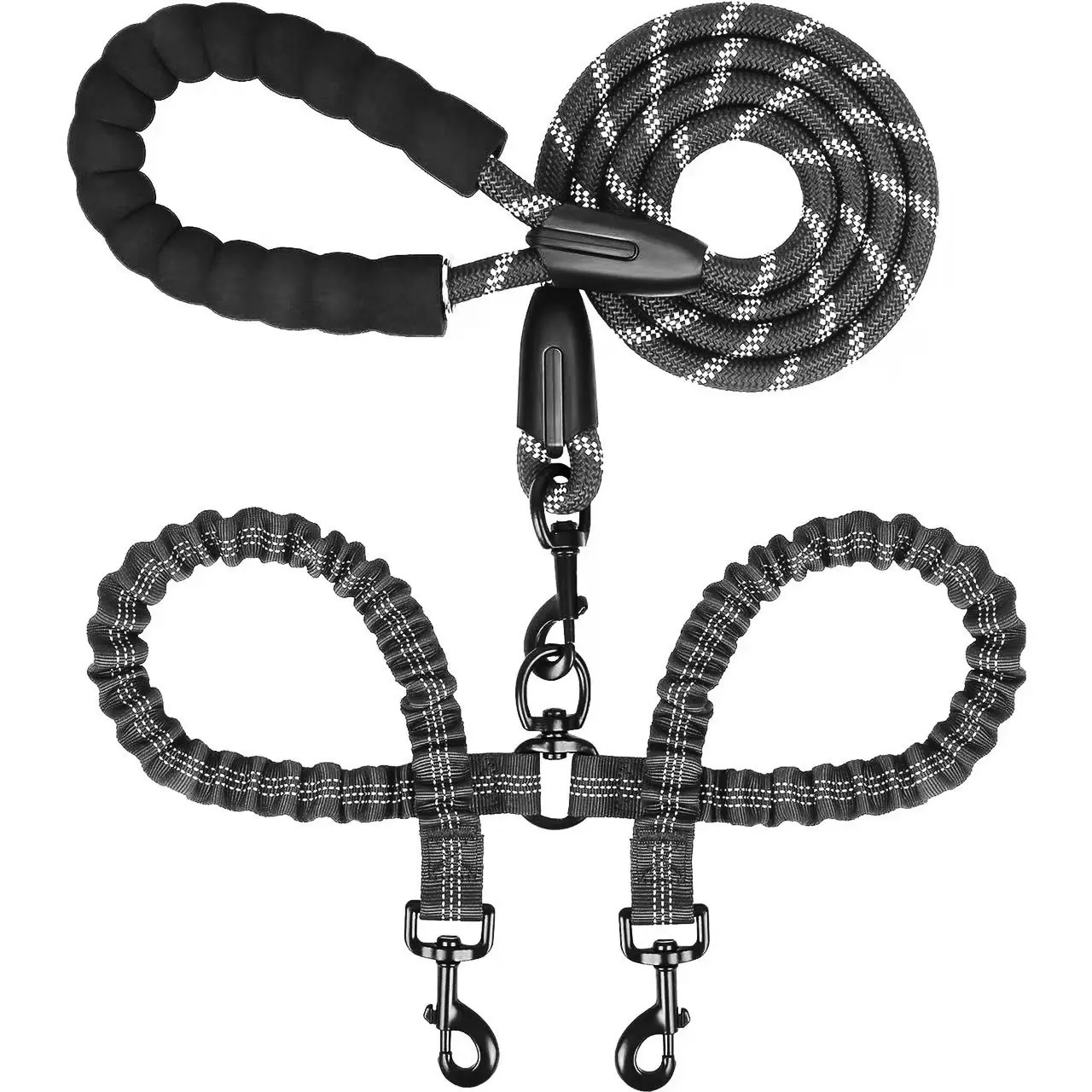 Dog Lead - 1-to-2 Elastic Cushioning Leash with Foam Comfort Grip, 360° Anti-Tangle Dual-Head Connector, High-Strength Metal Clasp, 150cm Length, 46-80cm Adjustable Fit, Reflective Design for Small & Medium Dogs’ Daily Walking, 150 Cm