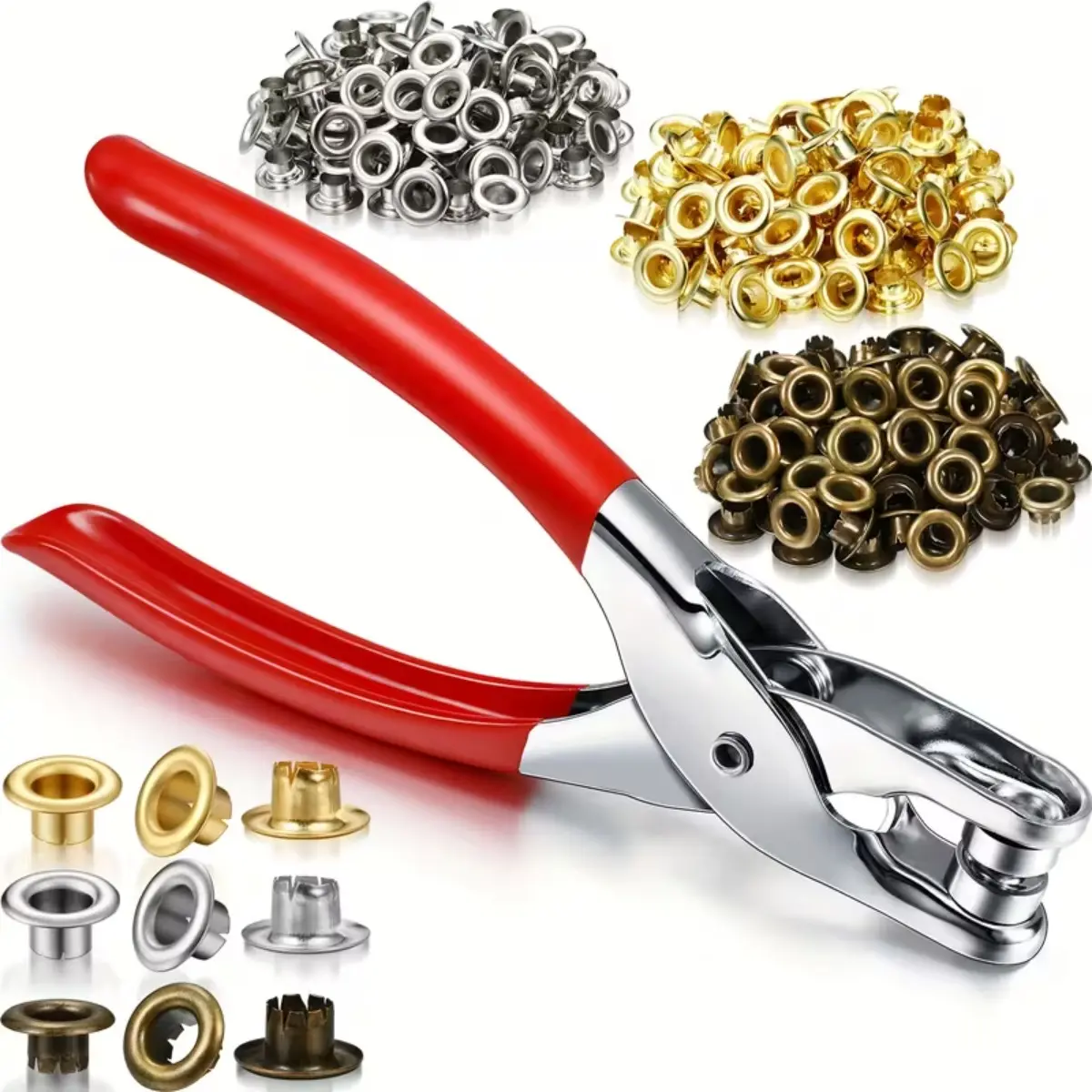 300 Bronze Metal Hole Guard Rings Sewing Kit - 6mm, 1/4" Inner, Chrome Finish, Flower Base, Integrated Pliers, Washerfree Bottom, 6.6-inch, for Leather & Fabric, Sewing Supplies Crafts DIY Projects, 300+ Eyelets Ready