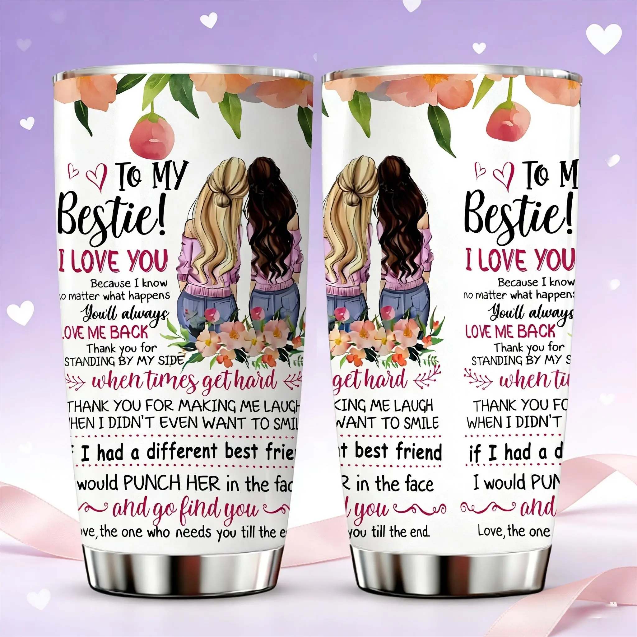 AuraCup 1pc 20oz bestie tumbler with lid and straw, best friend gift cup for women, Aesthetic, friendship sayings floral design insulated coffee tea mug, hot cold drink cup for sisters coworkers girls, birthday Christmas Valentine’s Day present