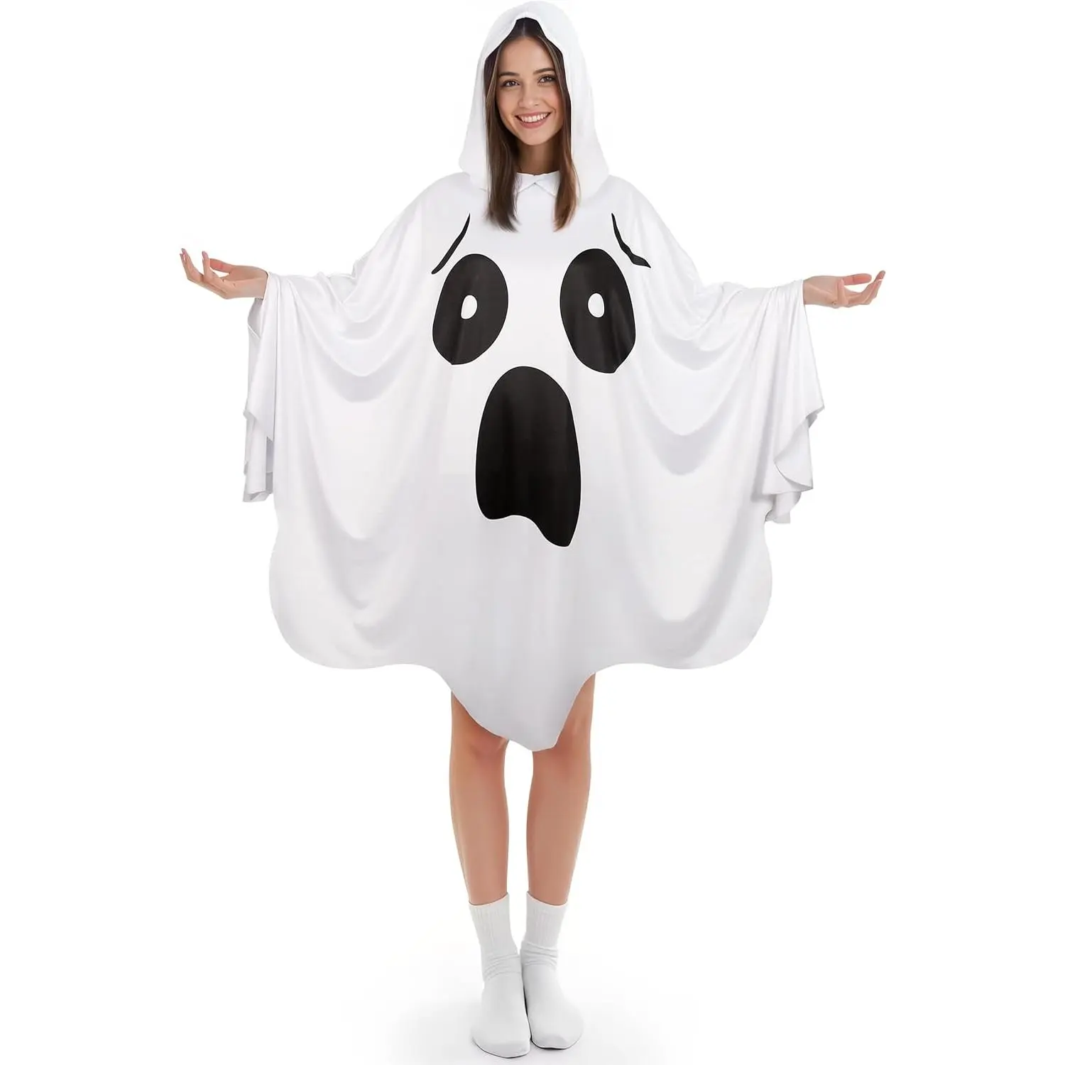Adult White Ghost Hooded Poncho Costume - Women's Loose Fit Halloween Costume with Playful Eyes & Black Mouth, Festive Party Accessory (TikTok Shop Black Friday Deal)