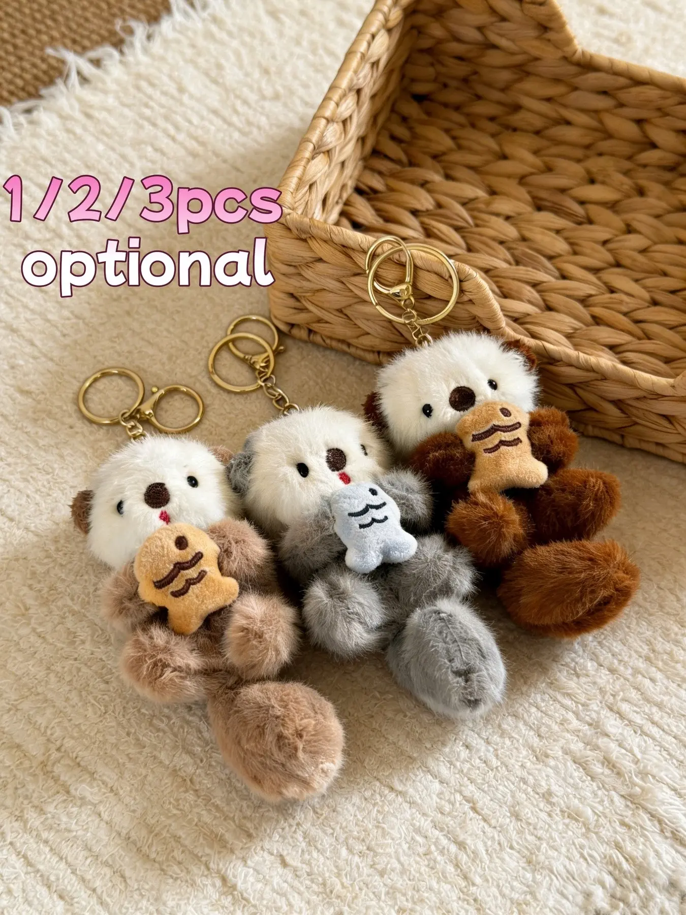 Adorable Sea Otter Plush Keychain, Fuzzy Keychain, Keychain Kawaii, Cute Fish Hugging Pendant, Animals Keychain Decor, Perfect Car Key Holder & Bag Charm, Ideal Women's Birthday Gift