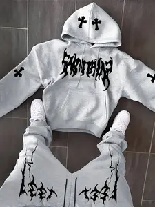 Men's Fall Winter Letter Print Hoodie Set, Fleece Lined Hooded Long Sleeve Sweatshirt + Drawstring Casual Sporty Straight Leg Pants, 2 Piece Pack