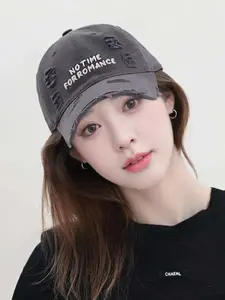 Women's Distressed Baseball Cap with Letter Embroidery, Washed Cotton Sun Hat, Wide Brim Soft Top, Face-Slimming Design, Embroidered Hat
