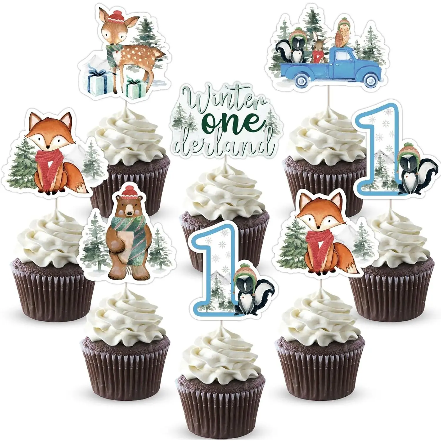 Onederland 36pcs Sturdy Lightweight Reusable Paper Woodland Animal & Snow Cupcake Toppers, Happy Birthday 1st Party Ornaments for Winter Forest Mountain Boys - Festive Cake Decorations