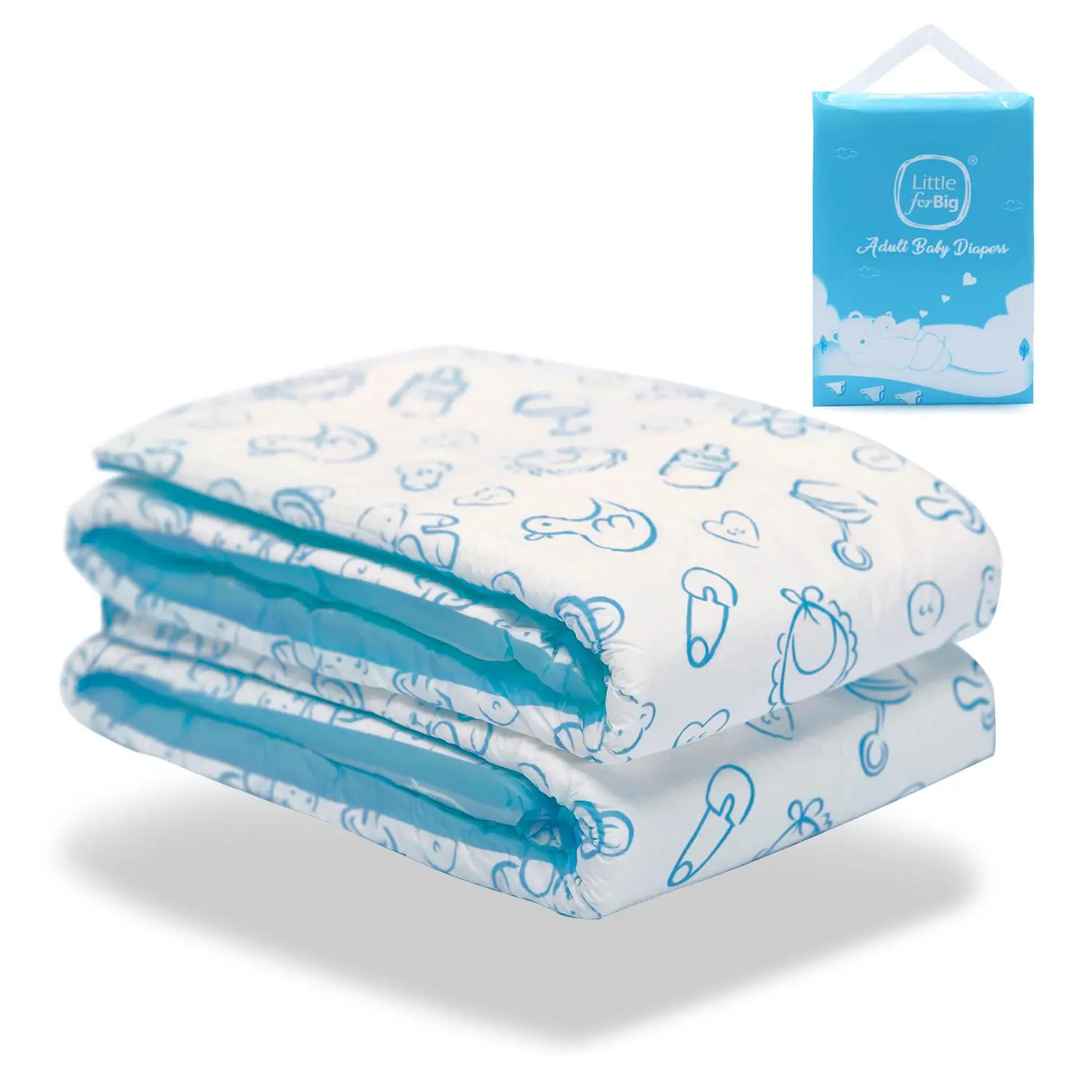 LITTLEFORBIG Baby Print Adult Diapers, Strong Plastic Unisex Briefs for Overnight Protection, High Water Absorbent & Skin-Friendly, Large, 2 Count (5000mL), Secure, Baby Print Design, Disposable Adult Diapers